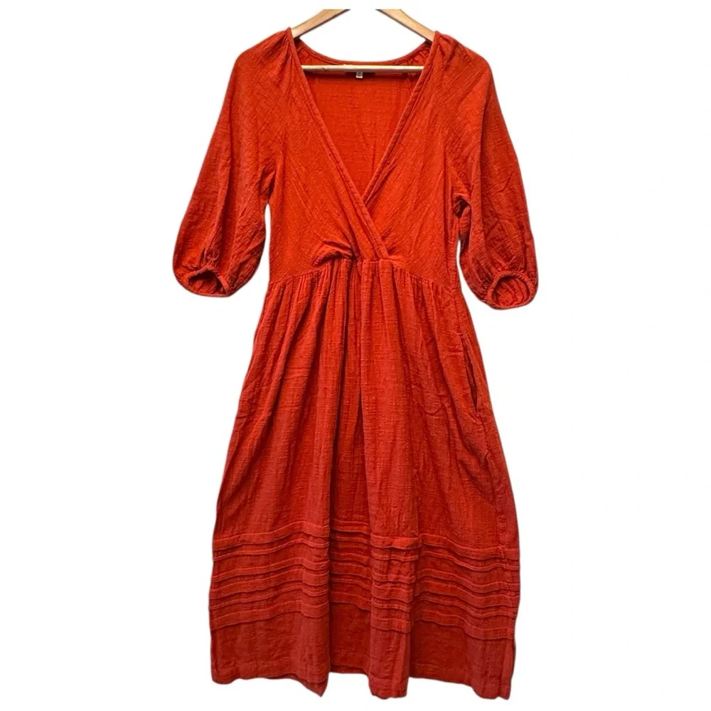 Madewell Burnt Orange Surplice V-Neck Pintuck Midi Dress XS Pockets - Picture 2 of 11